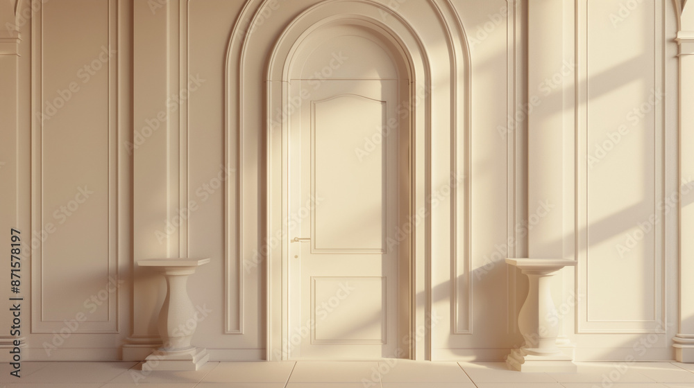 Fototapeta premium Arched doorway, three platforms, light beige background, softly lit