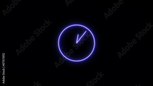 Neon clock icon purple color 4k illustration. on black background 24 hour fast digital clock.