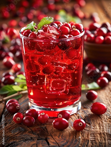 Red cranberry juice splash with cranberries, ample copy space photo