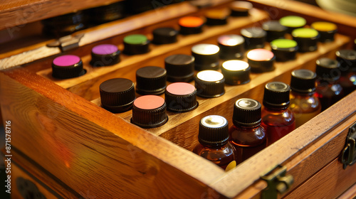 Wooden crate filled with essential oil vials. 