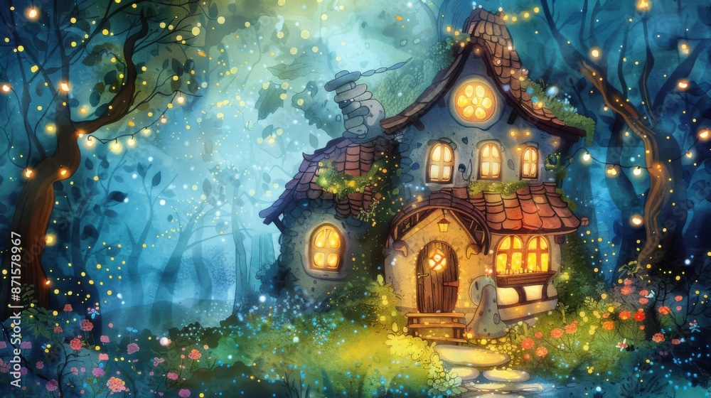 Obraz premium Enchanting Watercolor Illustration of a Magical House Adorned with Fairy Lights in a Whimsical Garden Setting