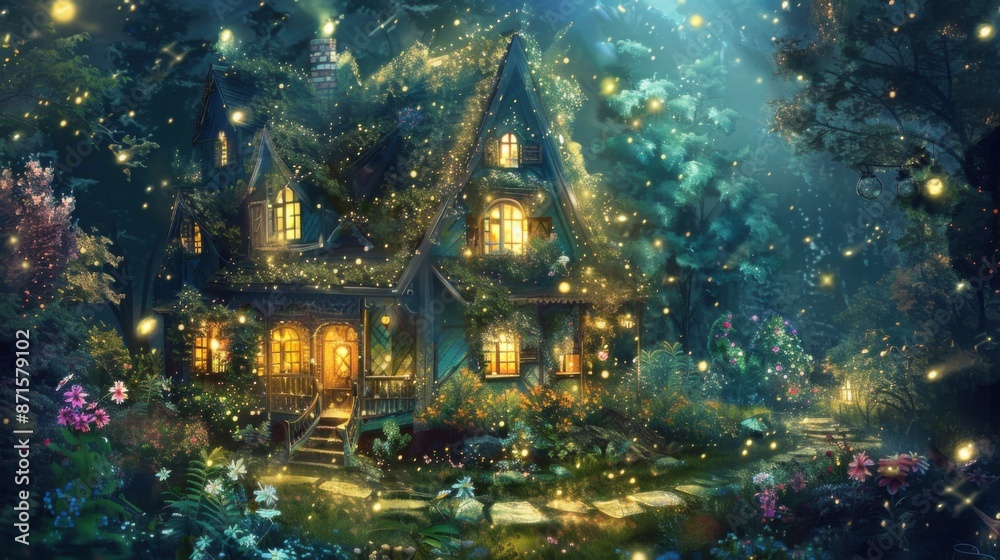 Enchanting Magic House Illuminated by Fairy Lights in Whimsical Watercolor Garden Setting Enchanting Magic House Illuminated by Fairy Lights in Whimsical Watercolor Garden Setting
