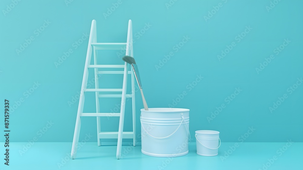 Ladder paint brusch and bucket. 