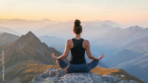Woman practicing yoga on a mountain peak at sunrise, self-care, rejuvenating hobbies and nature © IYearDesign