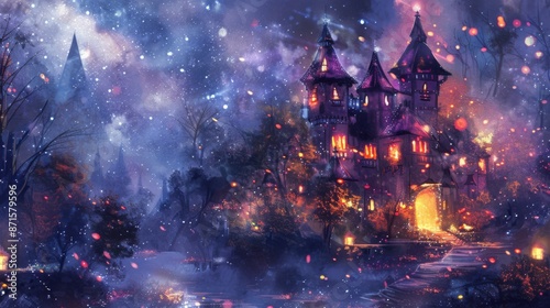 Enchanted Watercolor Fantasy House with Glowing Towers and Magical Ambiance