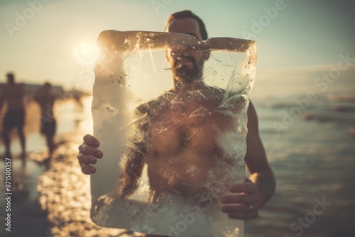 A Man Sweating on a Hot Day, Trying to Cool Down with an Ice Cube
