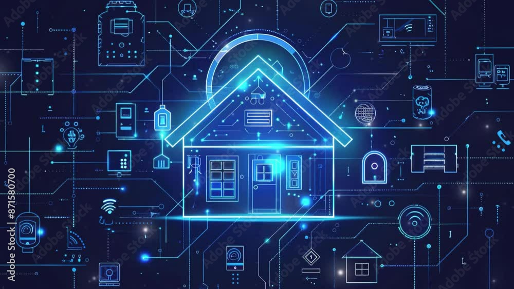 Digital smart home technology concept. Smart home technology background with icons representing various connected devices and services. Futuristic smart home technology. Future technology home remote 
