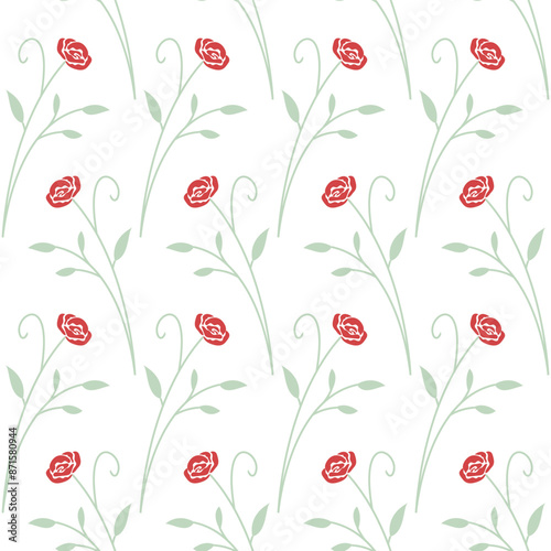 rose flower pattern with red color and green leaves, simple and attractive design, red rose flower vector image on white background smooth seamless wallpaper