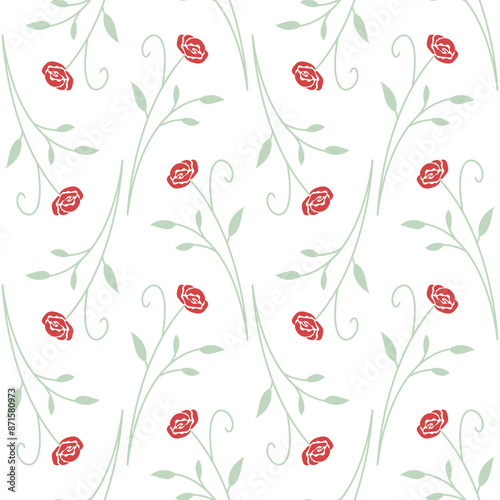 rose flower pattern with red color and green leaves, simple and attractive design, red rose flower vector image on white background smooth seamless wallpaper