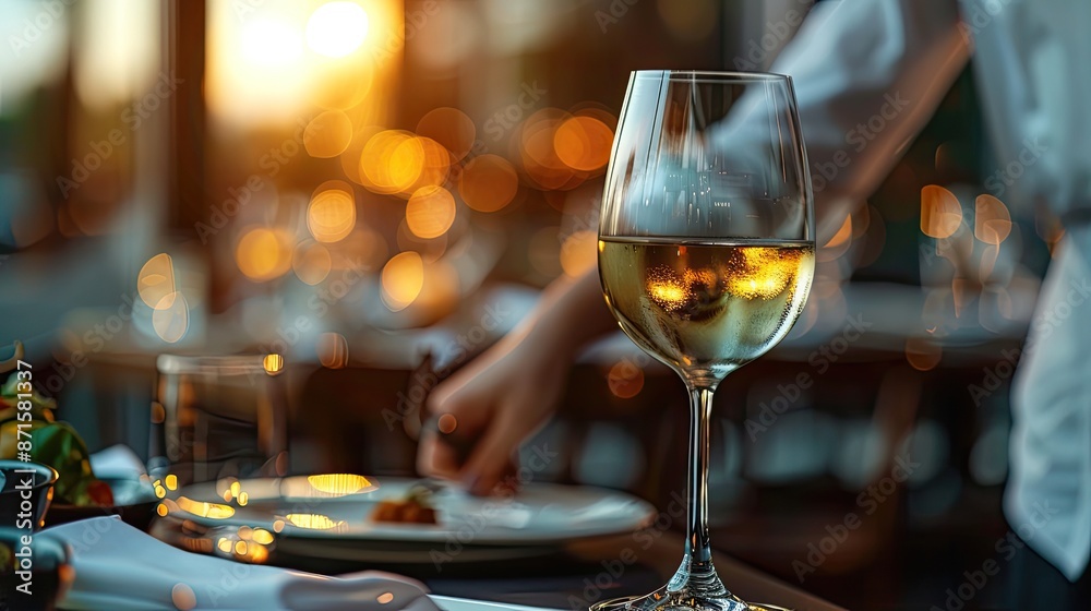 A close-up of a glass of white wine on a table in a restaurant with warm, ambient lighting, creating a cozy and elegant dining atmosphere A close-up of a glass of white wine on a table in a restaurant with warm, ambient lighting, creating a cozy and elegant dining atmosphere