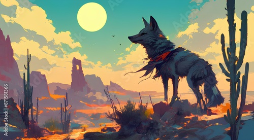 Wildlife Background. Enigmatic coyote standing alert in desert landscape with cactus plants and setting sun. Experience the mystery of the coyote. photo