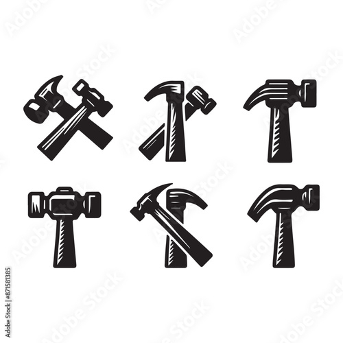Comprehensive Set of Black Silhouette Hammer Vectors for Construction and DIY Projects, Perfect for Graphic Design and Icon Creation