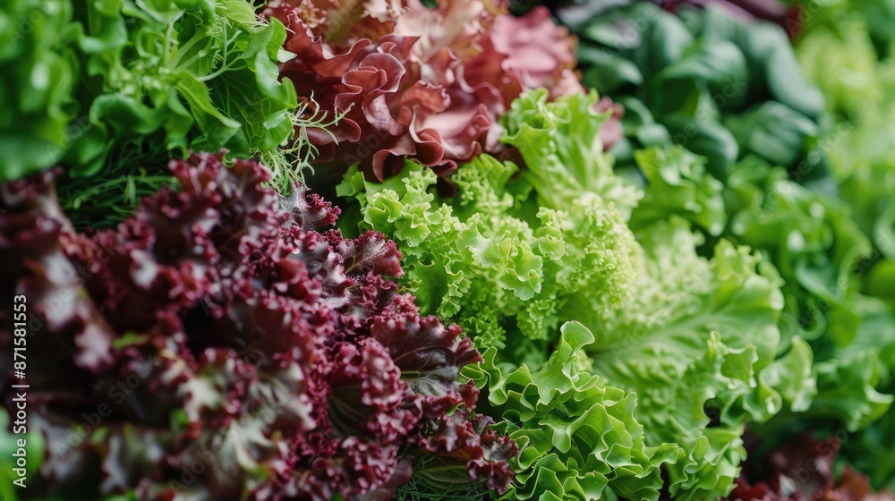 Close-up of colorful varieties of lettuce, including green and red leaves, displayed in a market, emphasizing their freshness and vibrant appearance Close-up of colorful varieties of lettuce, including green and red leaves, displayed in a market, emphasizing their freshness and vibrant appearance