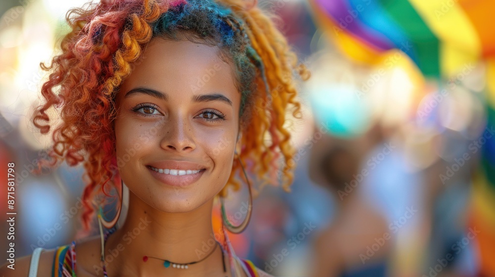Obraz premium Non-binary individual with vibrant hair color and a piercing gaze, set against a blurred pride parade background