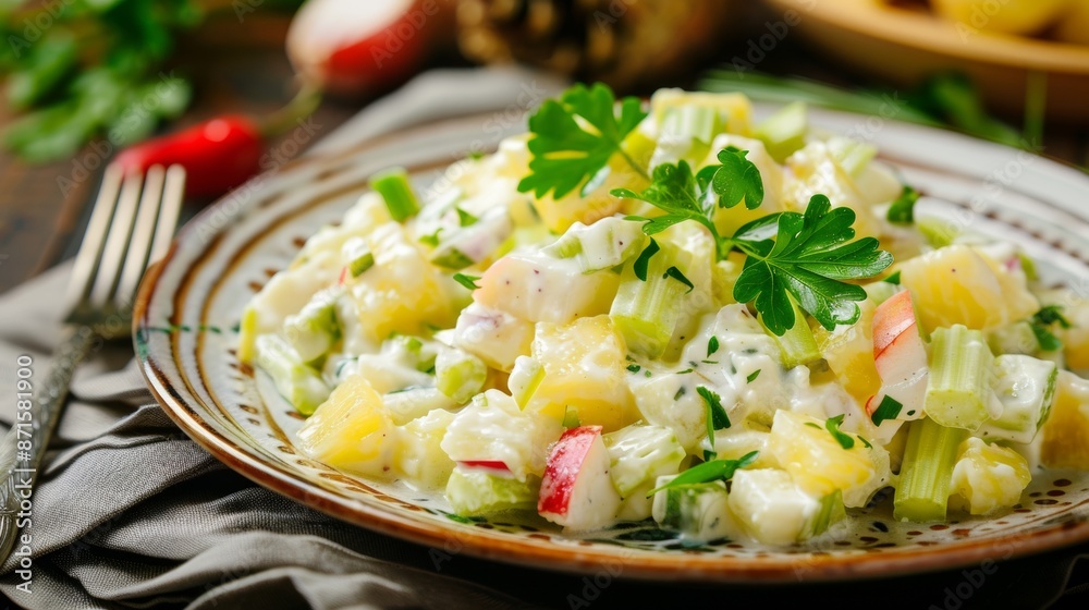 French cuisine. Celery salad with pineapples, apples. 