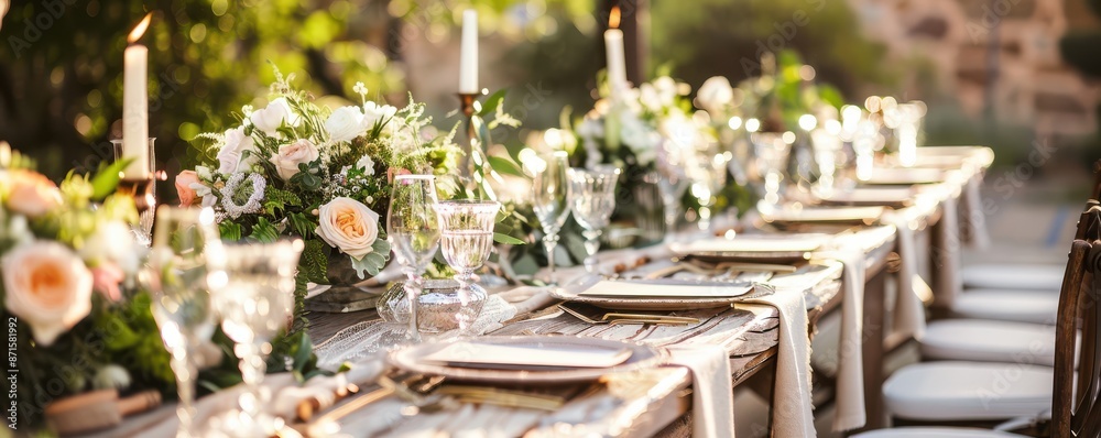 Elegant outdoor wedding table with rustic decor and lush greenery centerpieces.
