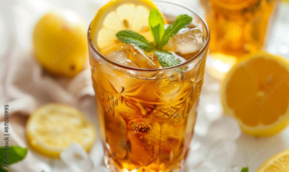 top view close-up of a glass of sweet and refreshing iced tea with lemon slices and mint leaves on a white linen tablecloth, captured in high resolution with professional color grading and soft shadow top view close-up of a glass of sweet and refreshing iced tea with lemon slices and mint leaves on a white linen tablecloth, captured in high resolution with professional color grading and soft shadow