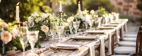 Obraz na płótnie Elegant outdoor wedding table with rustic decor and lush greenery centerpieces. w salonie