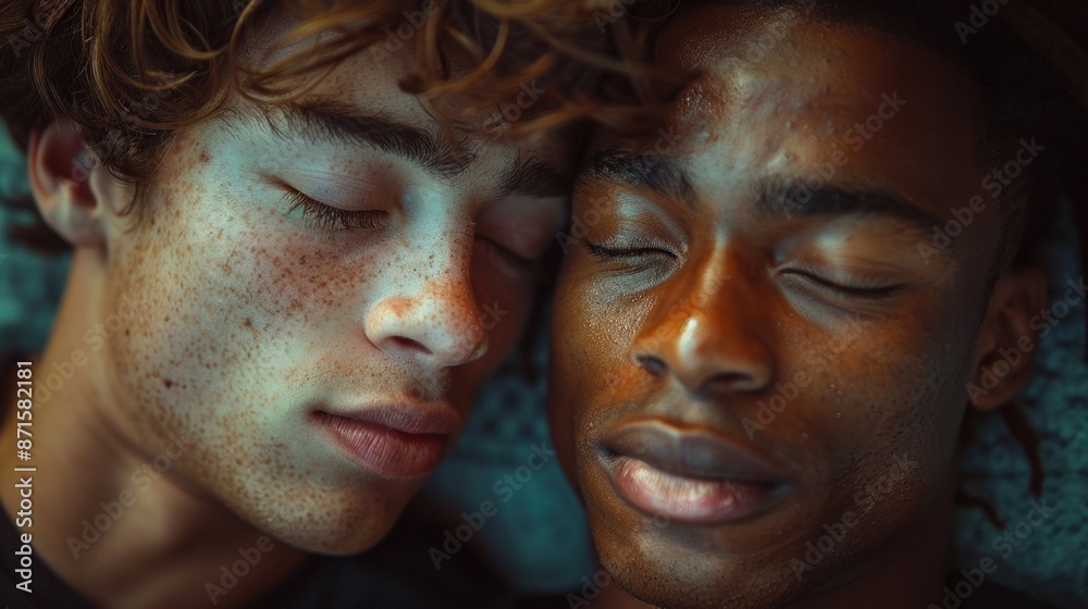 Two men with foreheads touching, eyes closed, expressing pure love and connection Two men with foreheads touching, eyes closed, expressing pure love and connection