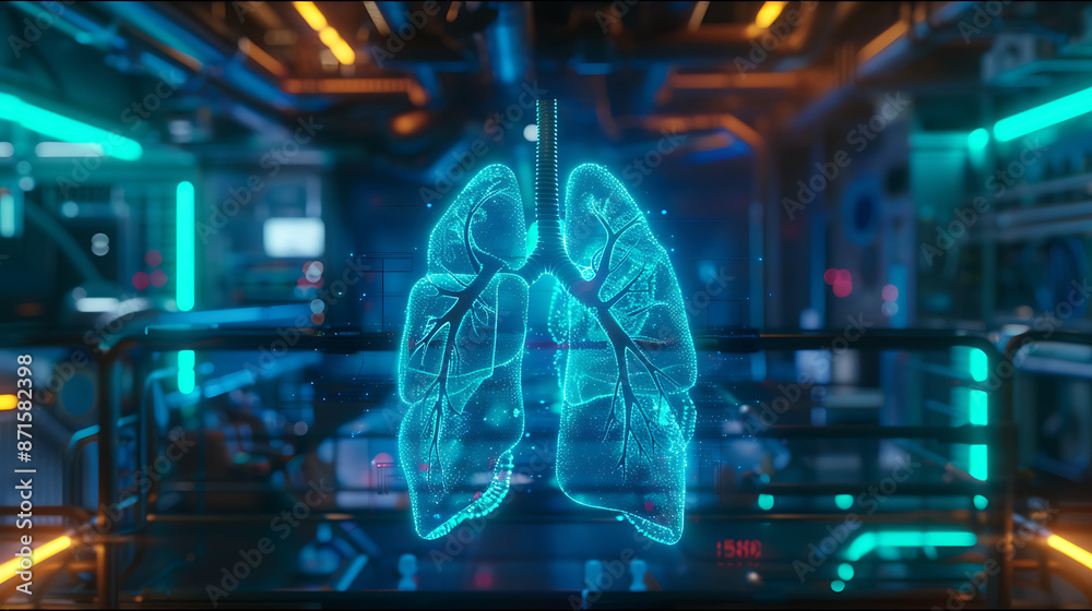 Obraz premium A high-tech laboratory features a holographic projection of a human lung, surrounded by advanced medical equipment.