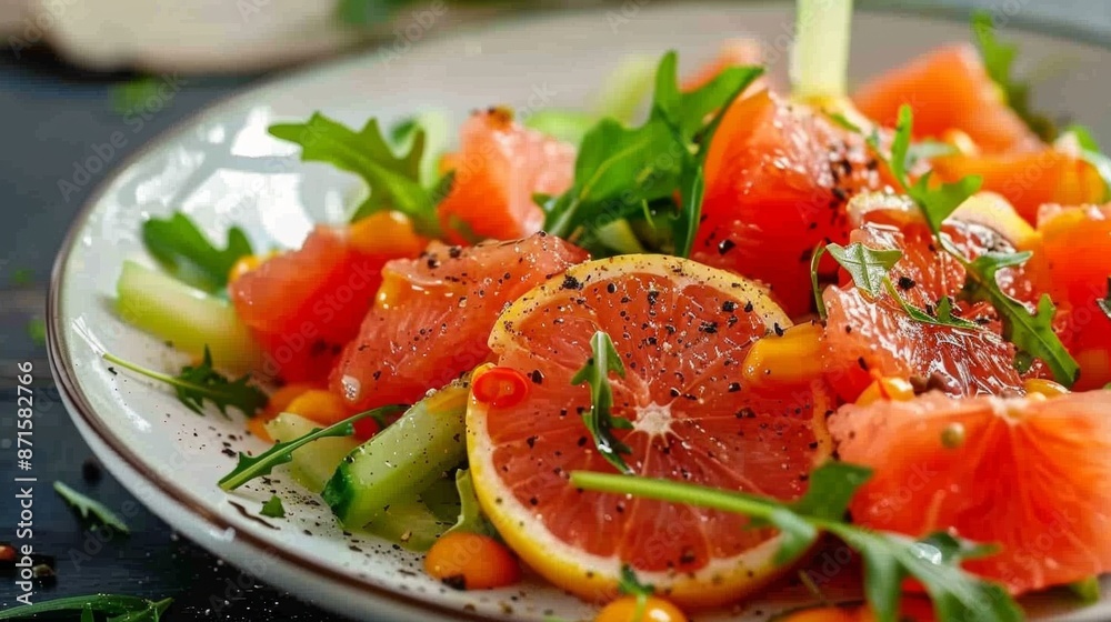 French cuisine. Celery salad with grapefruit and mustard sauce. French cuisine. Celery salad with grapefruit and mustard sauce.