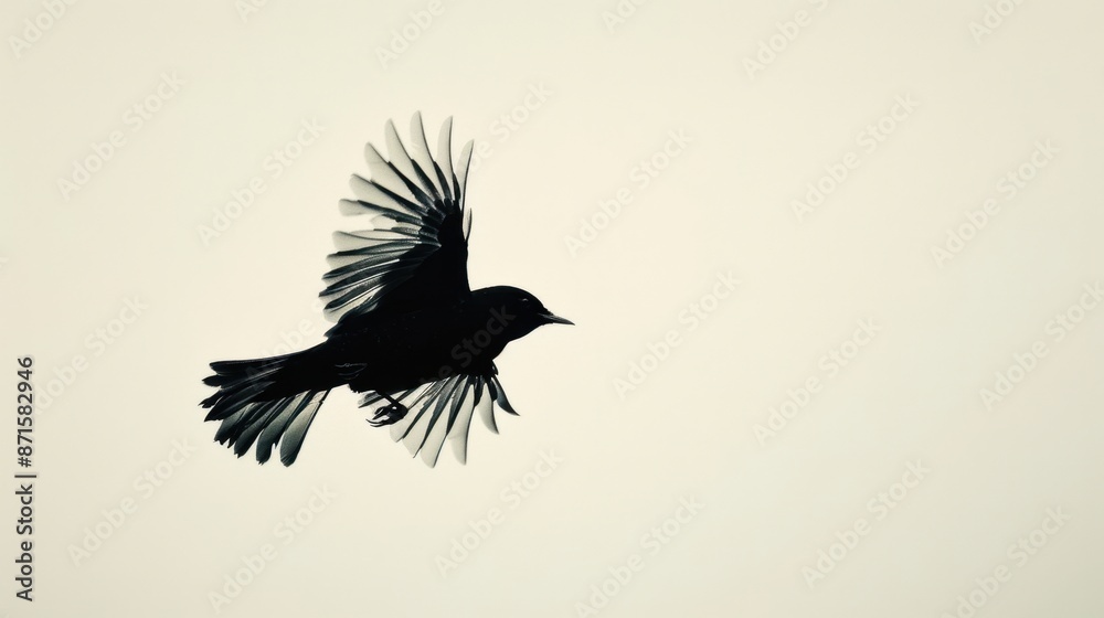 Fototapeta premium Ascension ,minimal, simple background: A bird in mid-flight silhouetted against a clear, pale sky, capturing the essence of rising and freedom.