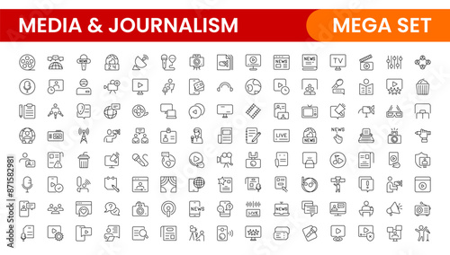 Set of thin line icons news, mass media, and fake news. Outline symbol collection. related to media, social networks, public journalism, communication, and networking. icon. Outline icon collection.