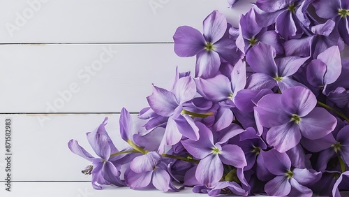 Violet flowers on a white wooden background