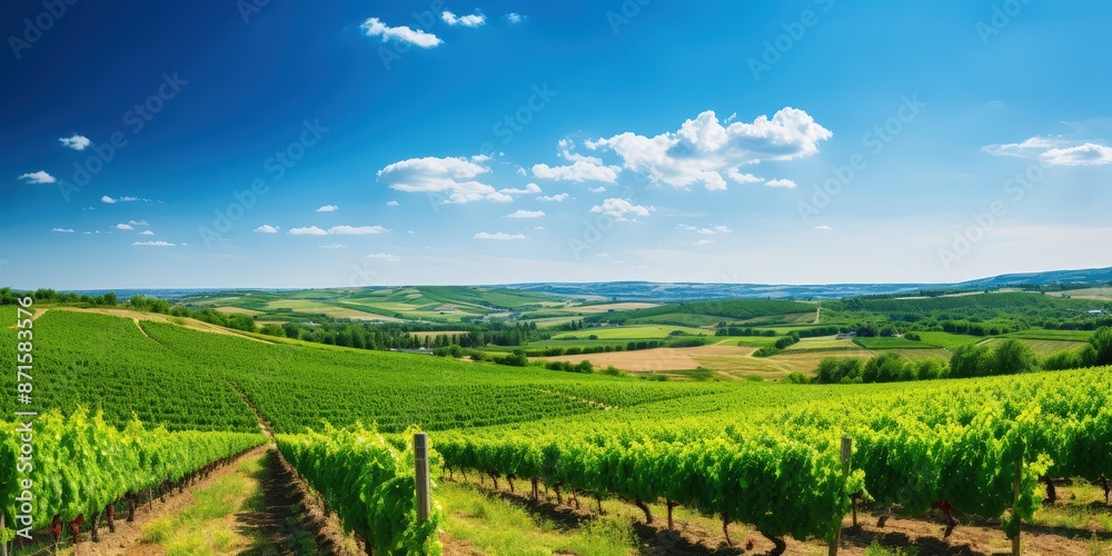 Vineyard Landscape with Lush Green Vines and a Blue Sky Vineyard Landscape with Lush Green Vines and a Blue Sky
