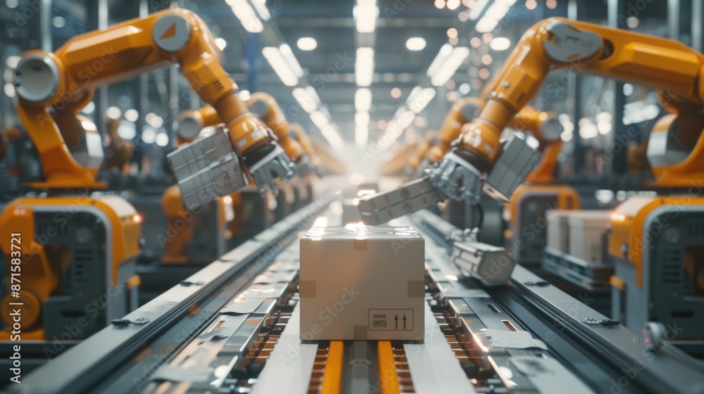 Advanced Automated Packaging Line in Futuristic Distribution Center with Robotic Arms and AI-Controlled Machinery Advanced Automated Packaging Line in Futuristic Distribution Center with Robotic Arms and AI-Controlled Machinery