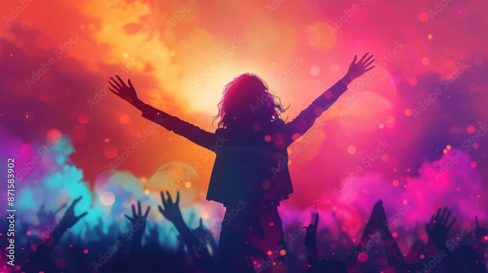 Woman inspiring crowd with powerful speech, vibrant and lively background Woman inspiring crowd with powerful speech, vibrant and lively background