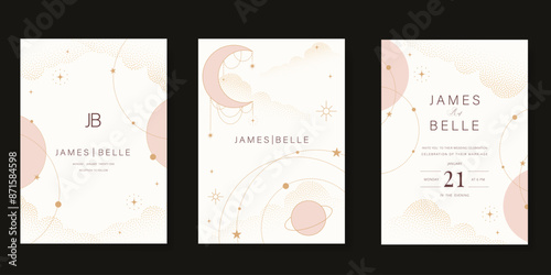 Galaxy themed wedding invitation vector template. Beige and pink luxury card with moon, cloud, gold sparkle. Starry night cover design for background, greeting, brochure, flyer, rsvp modern card.