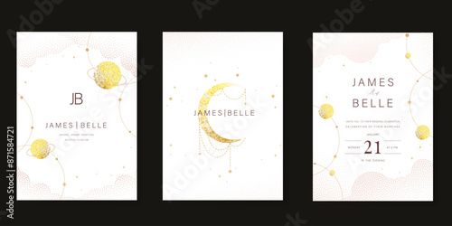 Galaxy themed wedding invitation vector template. Beige and pink luxury card with moon, cloud, star, sparkle, gold foil texture. Starry night cover design for background, greeting, rsvp modern card.