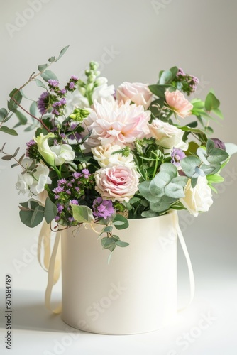 A vibrant and fresh bouquet of mixed flowers placed in an elegant white vase against a neutral background