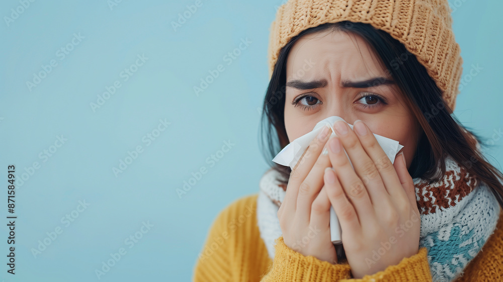 A sick woman blows her nose into a handkerchief, the girl has symptoms of sinusitis, runny nose, seasonal allergies or flu A sick woman blows her nose into a handkerchief, the girl has symptoms of sinusitis, runny nose, seasonal allergies or flu
