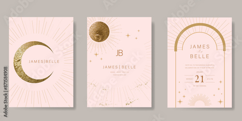 Galaxy themed wedding invitation vector template. Beige and pink luxury card with moon, cloud, star, sparkle, gold foil texture. Starry night cover design for background, greeting, rsvp modern card.