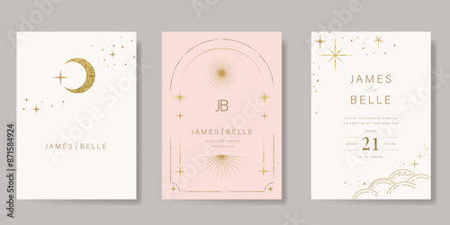 Galaxy themed wedding background vector. Beige and pink luxury card with moon, cloud, star, zodiac, cosmic, gold texture. Starry night cover design for banner, rsvp modern card, interior.