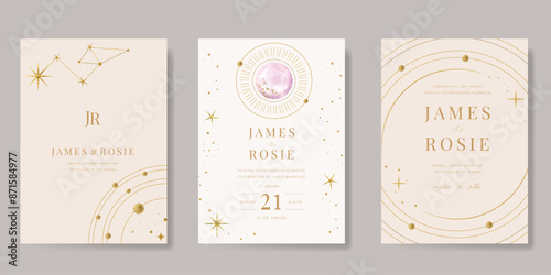 Galaxy themed wedding background vector. Beige and pink luxury card with moon, cloud, star, zodiac, cosmic, gold texture. Starry night cover design for banner, rsvp modern card, interior.