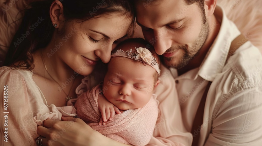 photograph of New parents holding newborn baby girl. Unconditional paternal love, idyllic family moment. --ar 16:9 Job ID: 45360922-4a62-4b71-adf5-65b120c9a902