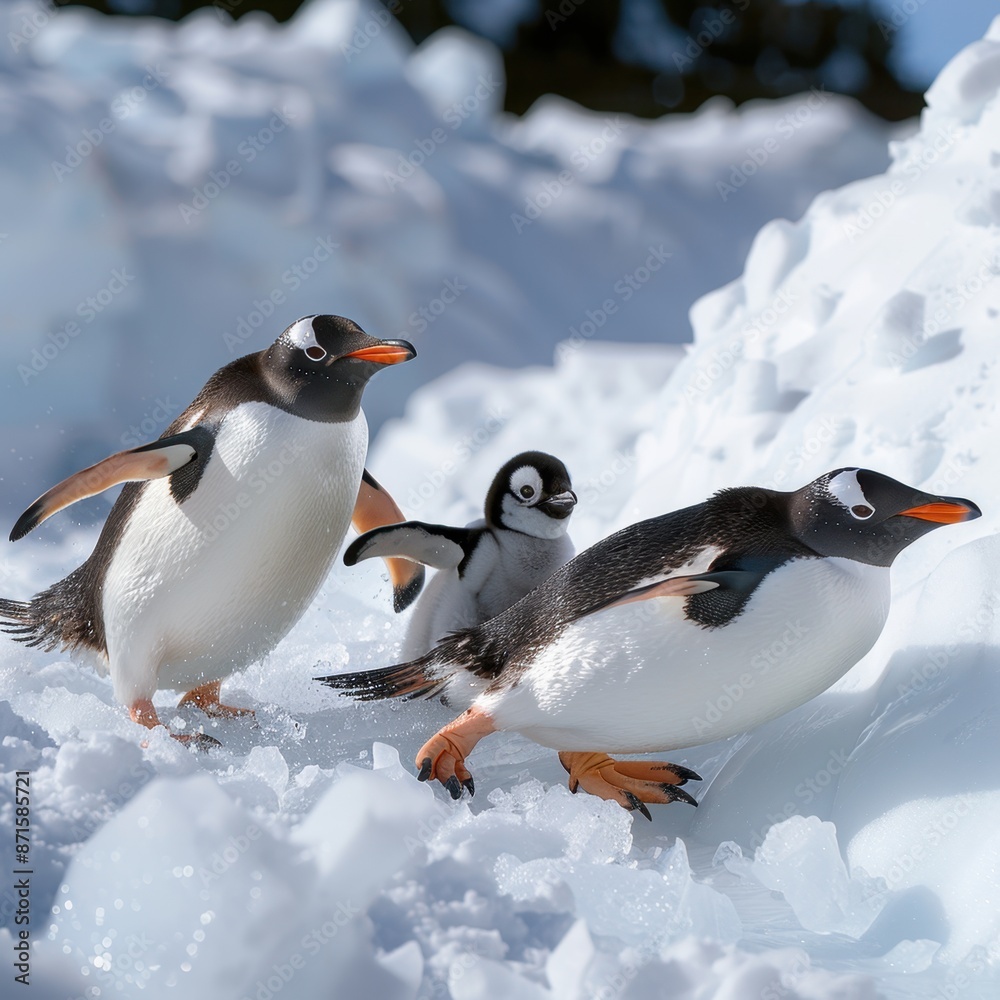 Obraz premium Penguin family sliding down an iceberg ,isolate ,minimal, simple background