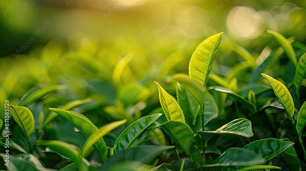 Obraz premium tea leaves in the corner in a blurred background of a tea plantation.