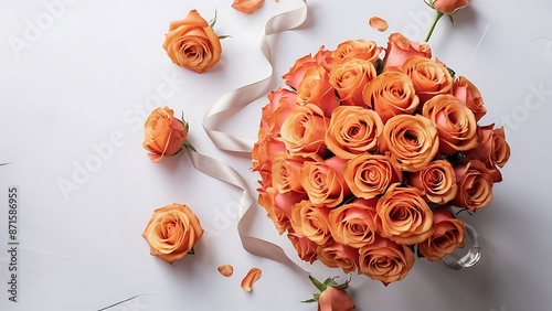 Flowers composition frame made of orange roses on white background flat lay top view