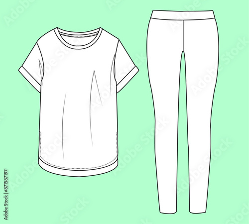 Women running half sleeve tee leggings set fashion flat sketch vector.  