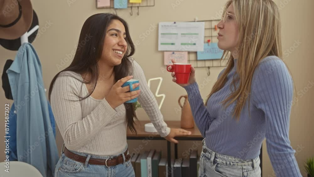Two women friends laughing and holding coffee mugs in a cozy living room conversation Two women friends laughing and holding coffee mugs in a cozy living room conversation