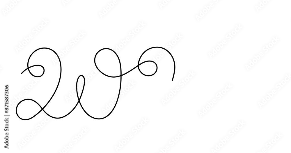 2025 with heart one line art  animation, hand drawn continuous contour drawing motion.Holiday romantic concept,festive  celebrating.New year handwriting minimalist video design.4k self-drawing movie