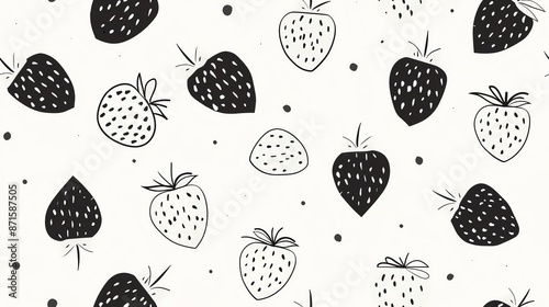 Minimalist seamless pattern of hand-drawn strawberries in black and white