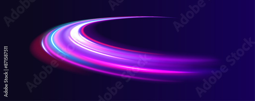 Acceleration speed motio. Magic neon smooth glowing track lines, blurry bright long exposure car trail of dynamic speed city road, movement on black background. Neon color blurred motion on speedway.