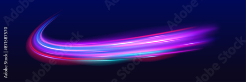 Acceleration speed motio. Magic neon smooth glowing track lines, blurry bright long exposure car trail of dynamic speed city road, movement on black background. Neon color blurred motion on speedway.