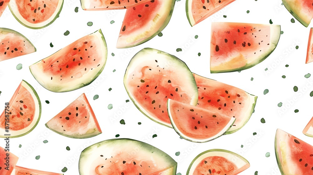 Vibrant watercolor pattern of hand-drawn watermelon slices in a seamless design Vibrant watercolor pattern of hand-drawn watermelon slices in a seamless design