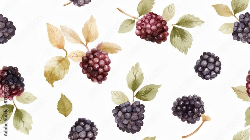 Watercolor seamless pattern of hand-drawn blackberries with dark hues Watercolor seamless pattern of hand-drawn blackberries with dark hues
